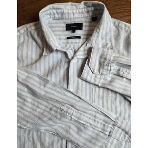 Vince Men's Linen Blend Striped Long Sleeved Shirt Blue White Size Medium